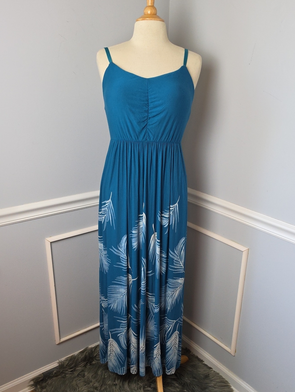 SOMA Teal Padded Ruched Adjustable Straps Jersey Stretch Summer Maxi Dress L